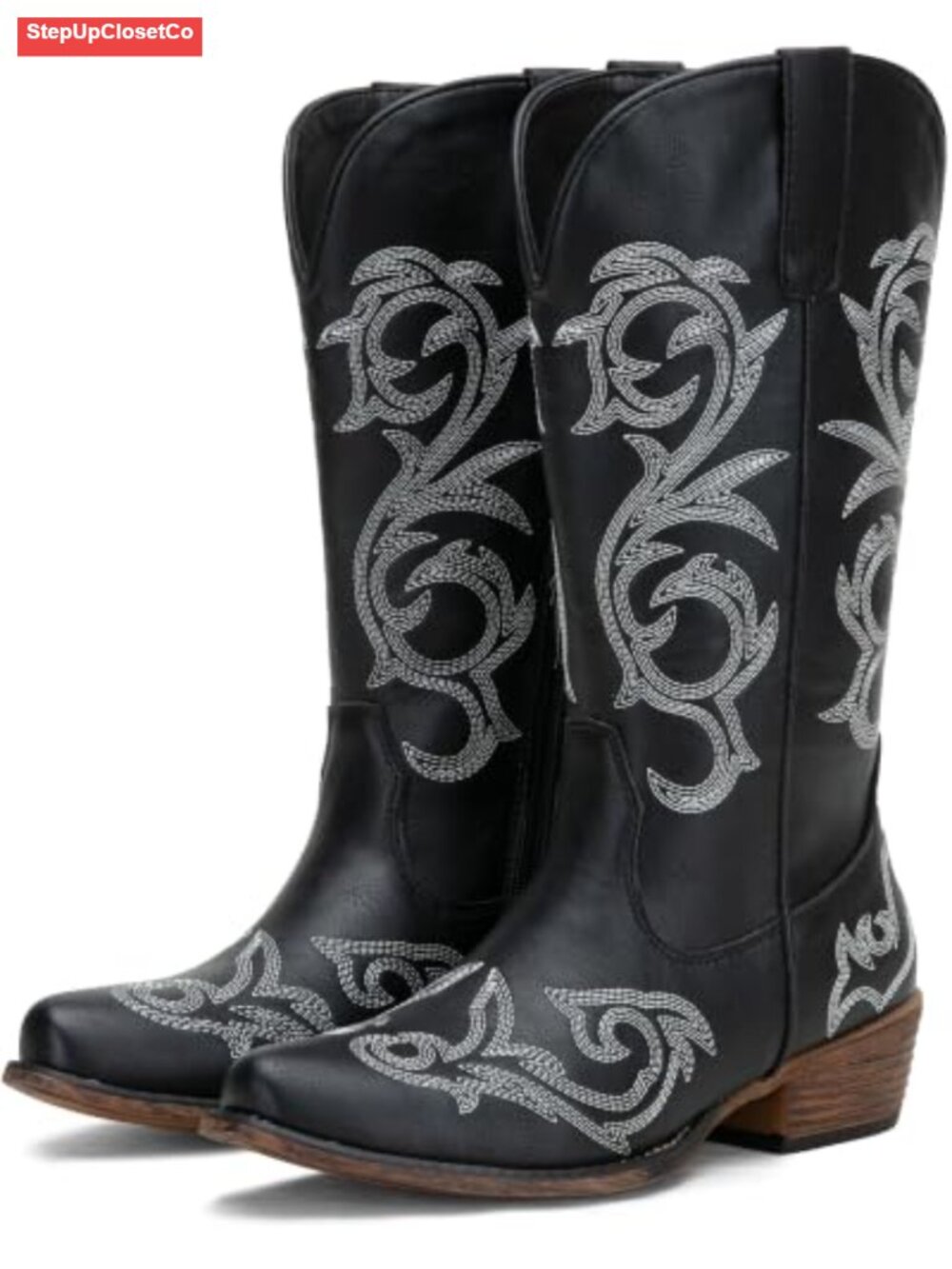 Wide Calf Cowboy Boots Faux Leather Embroidered Mid Calf Western